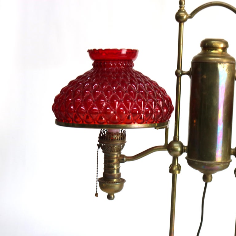 Antique Harvard Brass Double Student Lamp With Ribbed Red Shades