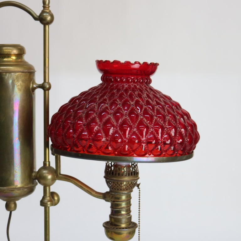 Antique Harvard Brass Double Student Lamp With Ribbed Red Shades