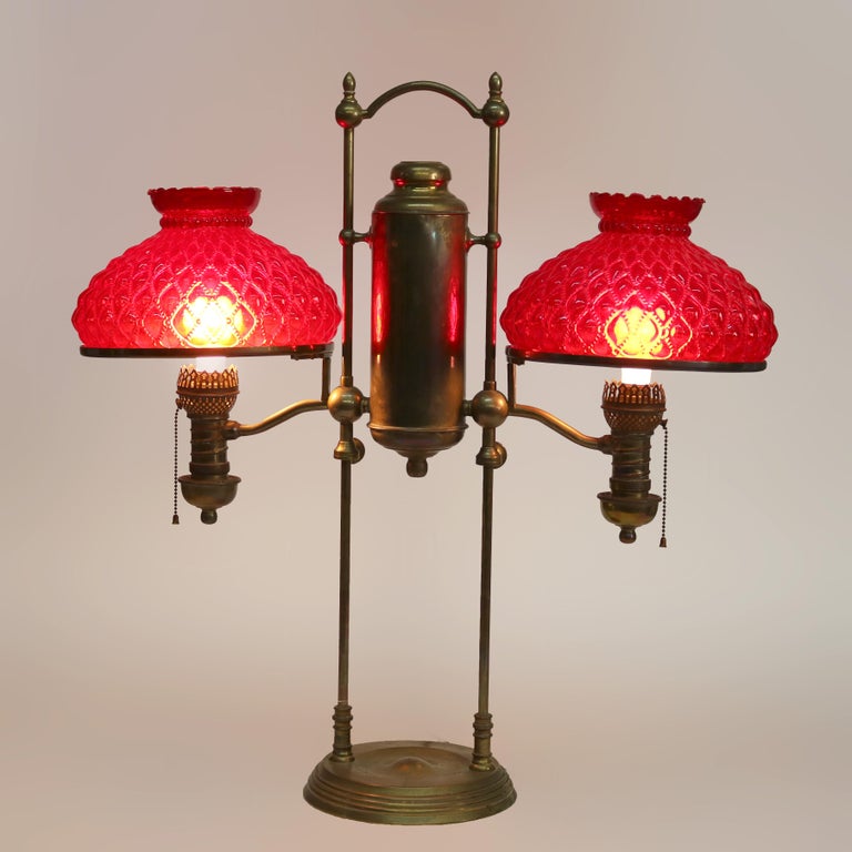 Antique Harvard Brass Double Student Lamp With Ribbed Red Shades