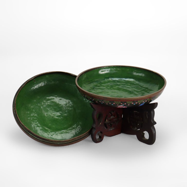Antique Chinese Cloisonne Enameled Dresser Box With Wooded Stand c1890