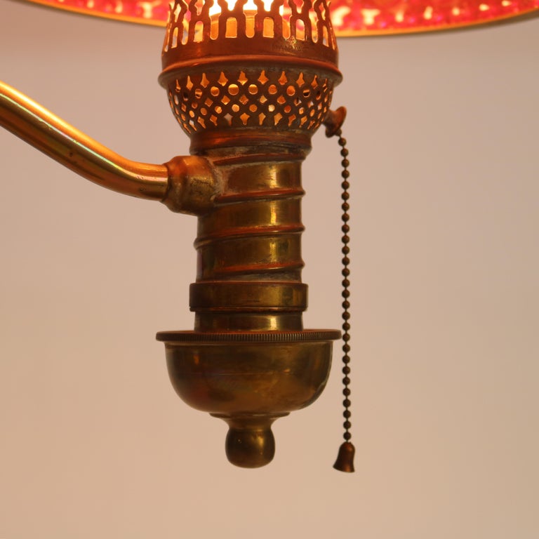 Antique Harvard Brass Double Student Lamp With Ribbed Red Shades