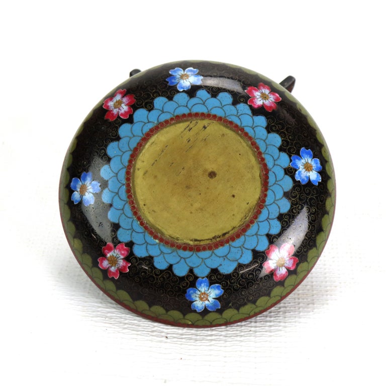 Antique Chinese Cloisonne Enameled Dresser Box With Wooded Stand c1890