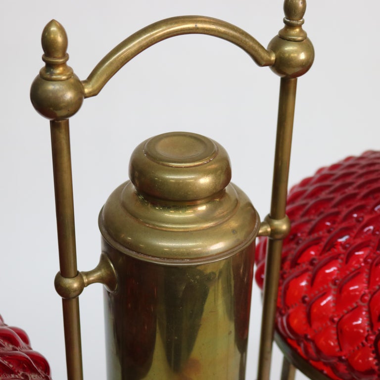 Antique Harvard Brass Double Student Lamp With Ribbed Red Shades
