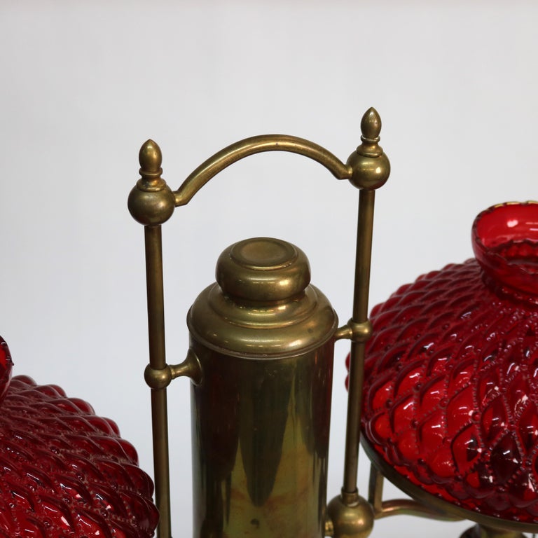 Antique Harvard Brass Double Student Lamp With Ribbed Red Shades