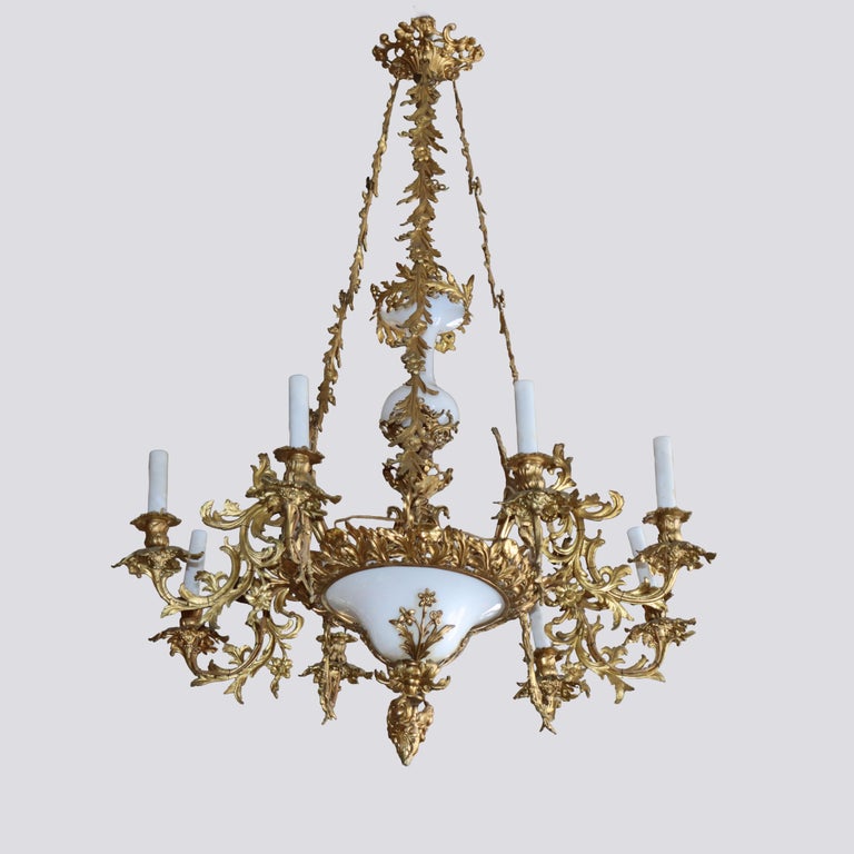 Antique French Louis XIV Gilt Bronze & Opaline Glass Candelabra Chandelier 19thC