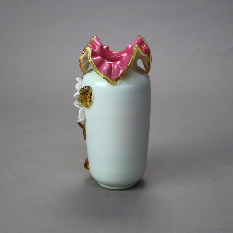 Antique Stevens & Williams Satinware Art Glass with Applied Florals C1890