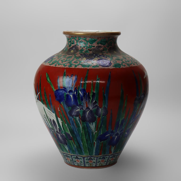 Antique Japanese Meiji Aesthetic Figural & Floral Pottery Vase with Heron c1900