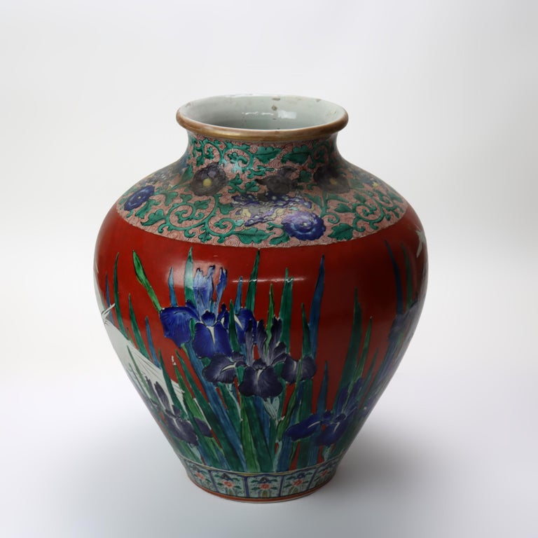 Antique Japanese Meiji Aesthetic Figural & Floral Pottery Vase with Heron c1900