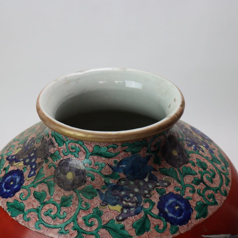 Antique Japanese Meiji Aesthetic Figural & Floral Pottery Vase with Heron c1900