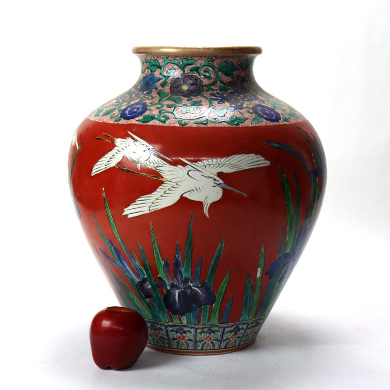 Antique Japanese Meiji Aesthetic Figural & Floral Pottery Vase with Heron c1900