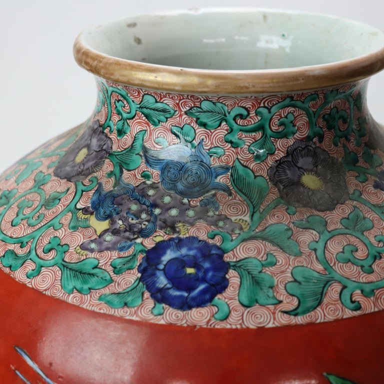 Antique Japanese Meiji Aesthetic Figural & Floral Pottery Vase with Heron c1900