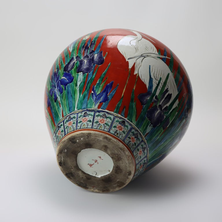 Antique Japanese Meiji Aesthetic Figural & Floral Pottery Vase with Heron c1900