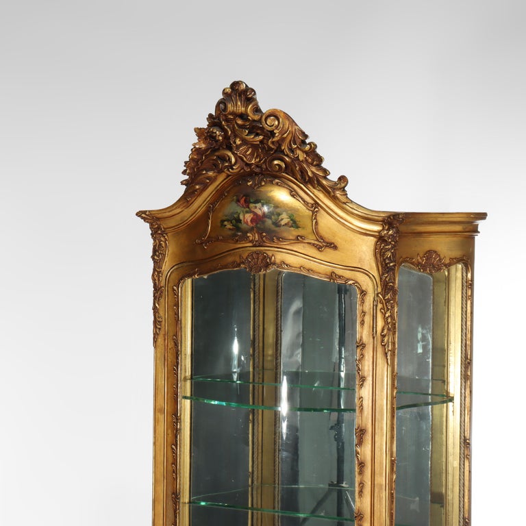 Carved Giltwood Bombay Serpentine Vitrine With Verdis Martin Panels c1890