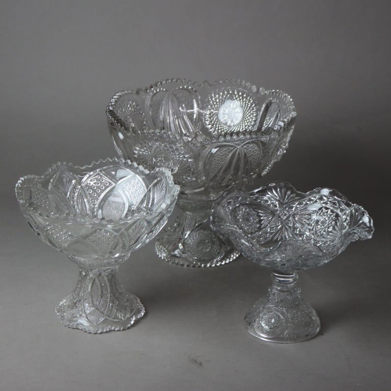 Three Antique Pressed Glass Punch Bowls & Compote C1920