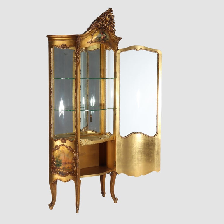 Carved Giltwood Bombay Serpentine Vitrine With Verdis Martin Panels c1890