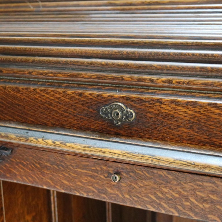 Antique Arts & Crafts Oak Raised Panel S-Roll Top Desk with Full Interior C1900
