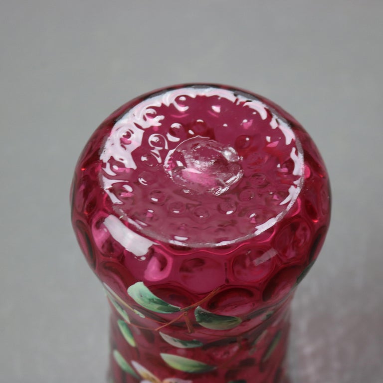 Antique Mt Washington Style Hand Enameled Floral Cranberry Coin Spot Vase c1900