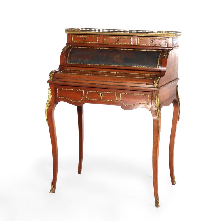 French Vernis Martin Decorated Louis XIV Mahogany & Ormolu Lady’s Roll Top Desk