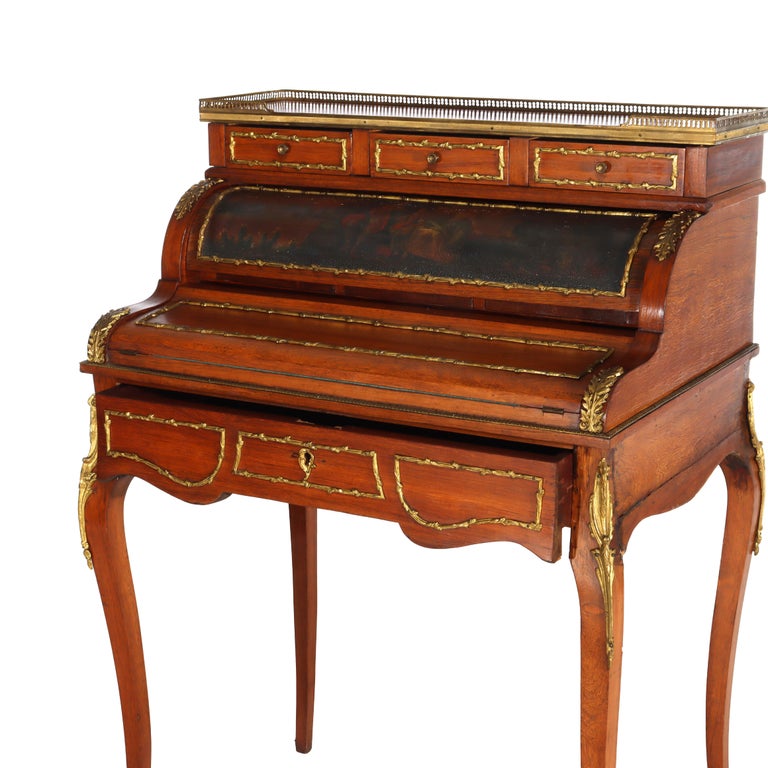 French Vernis Martin Decorated Louis XIV Mahogany & Ormolu Lady’s Roll Top Desk