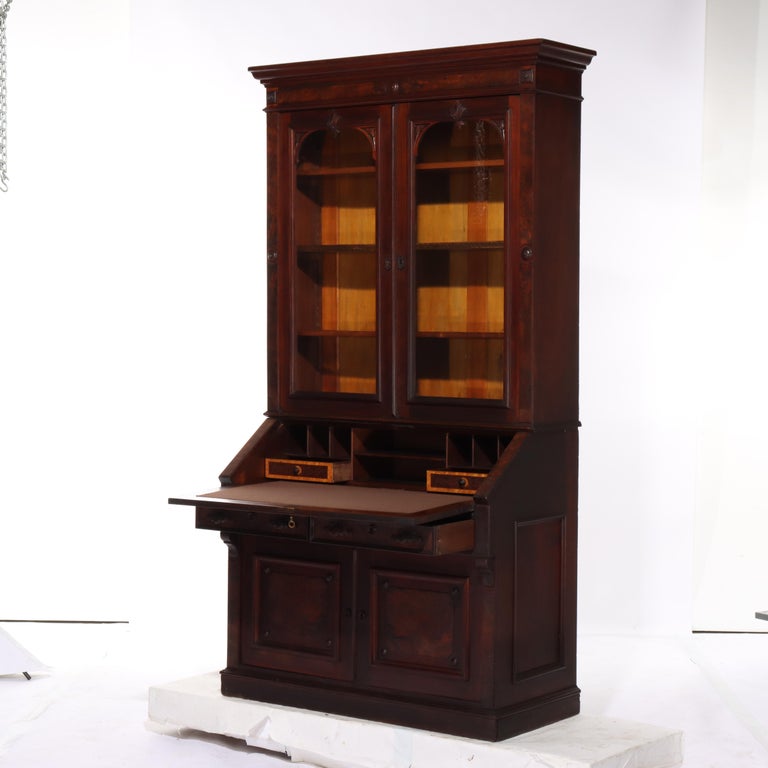 Antique Renaissance Revival Walnut & Burl Secretary Desk C1880
