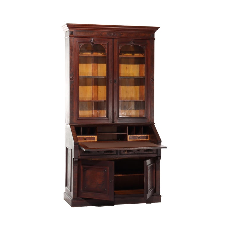 Antique Renaissance Revival Walnut & Burl Secretary Desk C1880