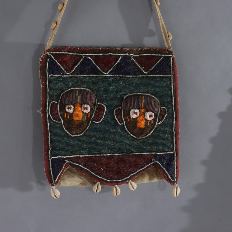 Three Antique Nigerian Yoruba Figural Beaded Items With Shells: 2 Sashes & Bag