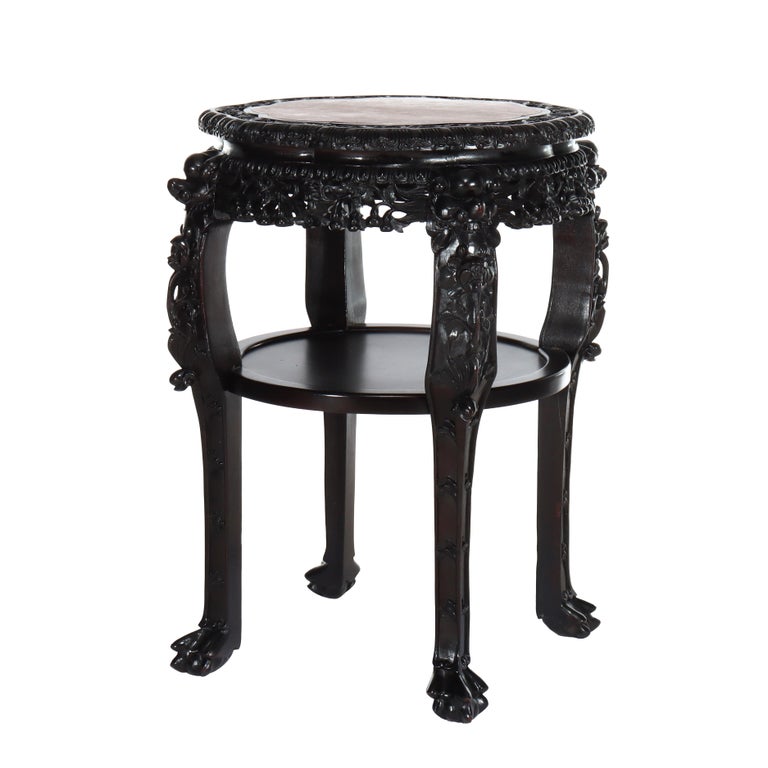 Chinese Floral Carved Rosewood Rouge Marble Top Stand C1910