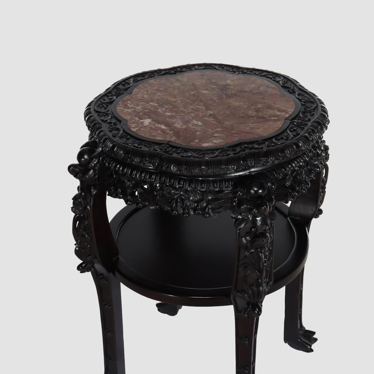 Chinese Floral Carved Rosewood Rouge Marble Top Stand C1910
