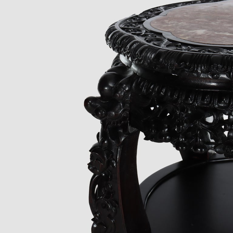 Chinese Floral Carved Rosewood Rouge Marble Top Stand C1910