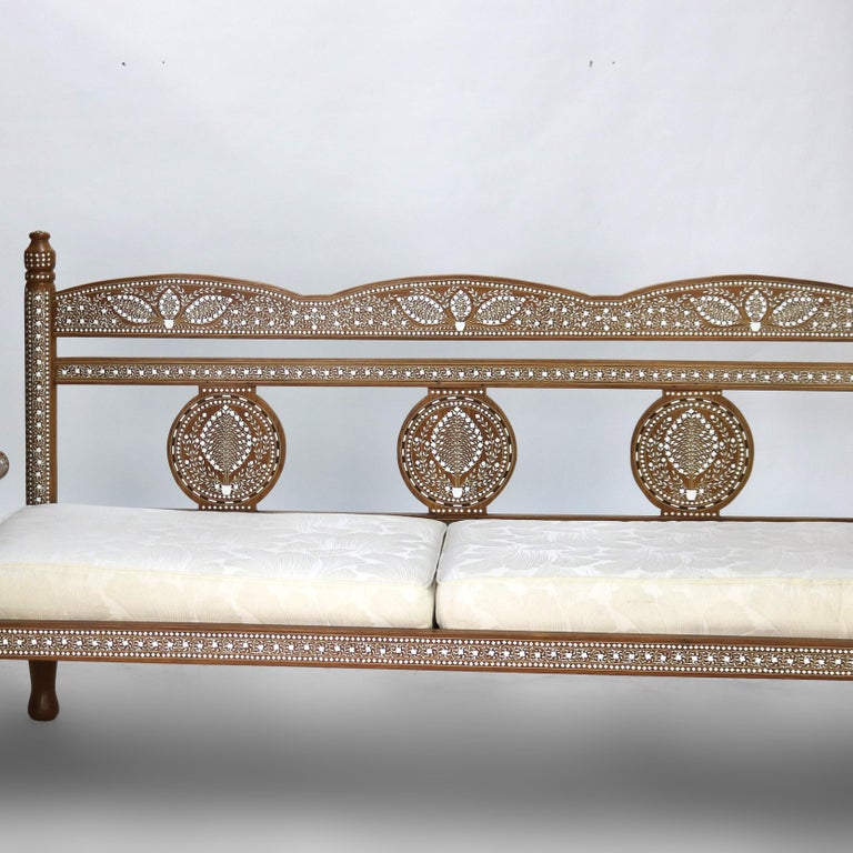 Moorish Style Inlaid Walnut Bench with Floral Pattern 20thC