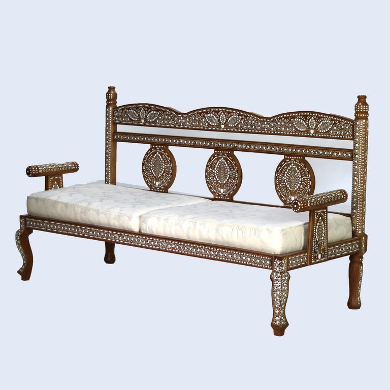 Moorish Style Inlaid Walnut Bench with Floral Pattern 20thC