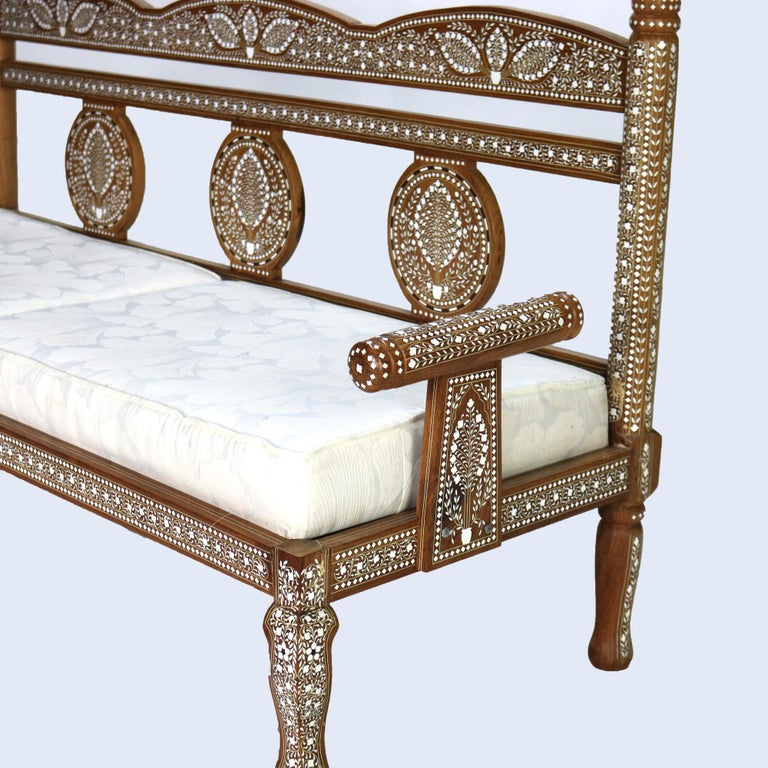 Moorish Style Inlaid Walnut Bench with Floral Pattern 20thC
