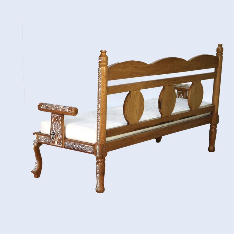 Moorish Style Inlaid Walnut Bench with Floral Pattern 20thC