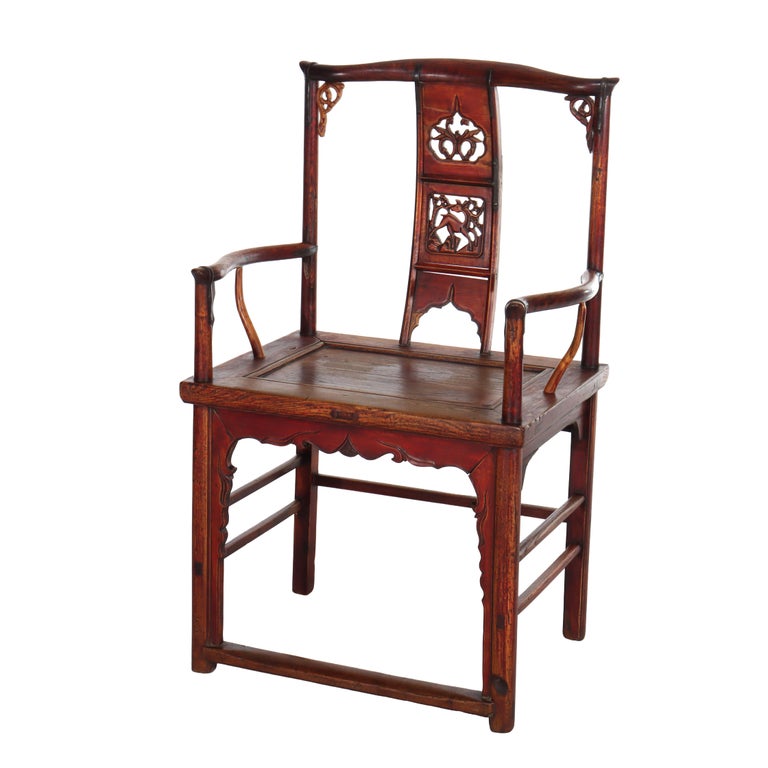 Pr Antique Chinese Qing Dynasty Carved Yew Wood Armchairs With Cutout Stag 19thC