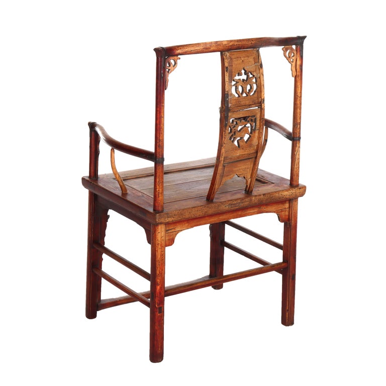 Pr Antique Chinese Qing Dynasty Carved Yew Wood Armchairs With Cutout Stag 19thC