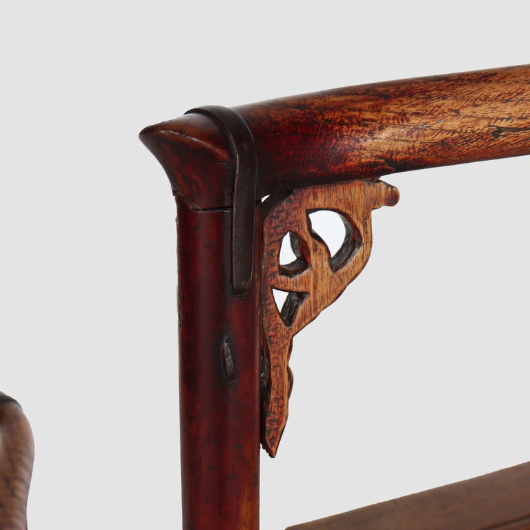 Pr Antique Chinese Qing Dynasty Carved Yew Wood Armchairs With Cutout Stag 19thC