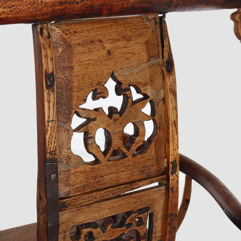 Pr Antique Chinese Qing Dynasty Carved Yew Wood Armchairs With Cutout Stag 19thC