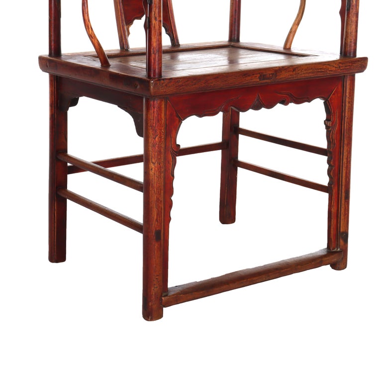 Pr Antique Chinese Qing Dynasty Carved Yew Wood Armchairs With Cutout Stag 19thC