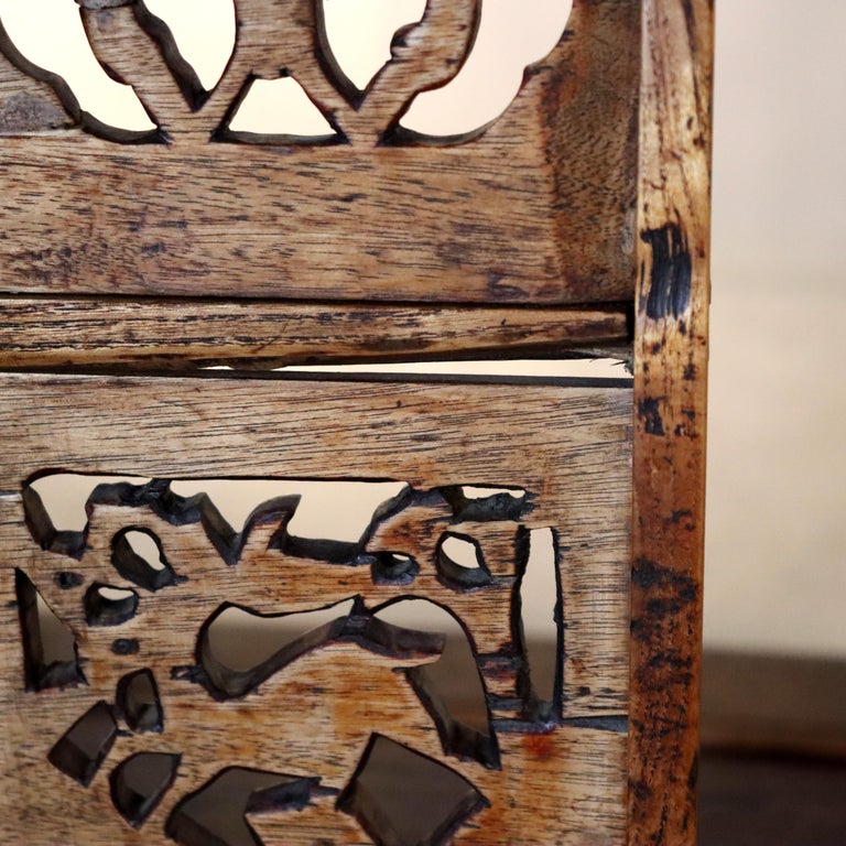 Pr Antique Chinese Qing Dynasty Carved Yew Wood Armchairs With Cutout Stag 19thC