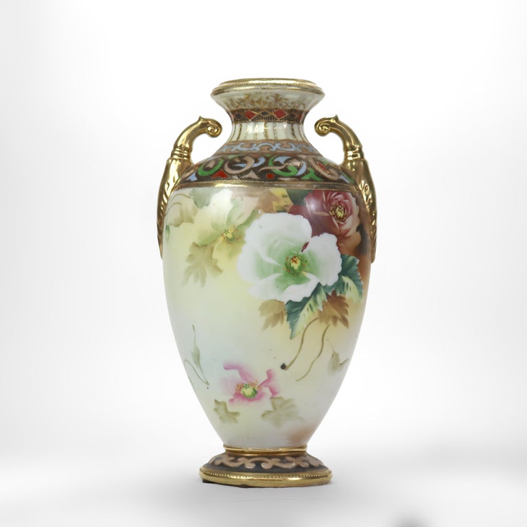 Antique Nippon Hand Painted Floral Porcelain Vase Signed C1920