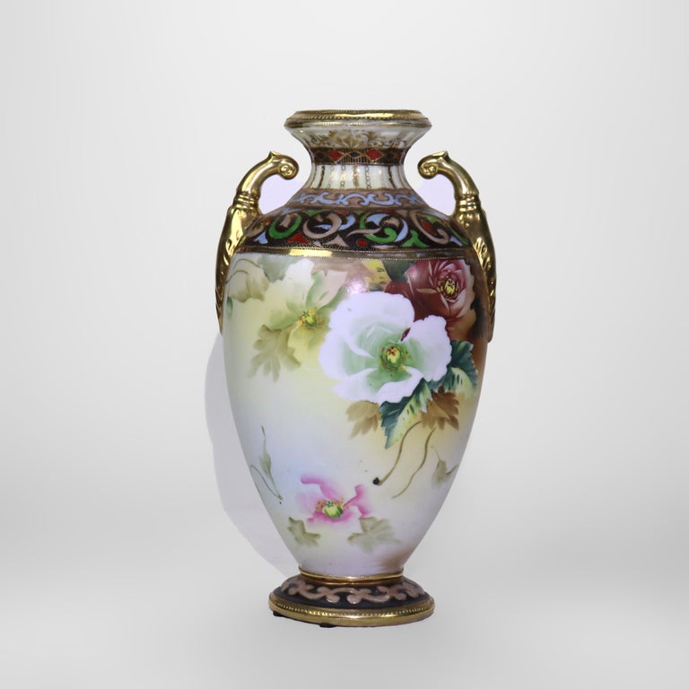Antique Nippon Hand Painted Floral Porcelain Vase Signed C1920