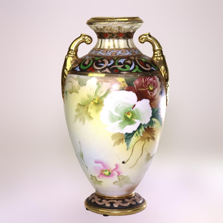 Antique Nippon Hand Painted Floral Porcelain Vase Signed C1920