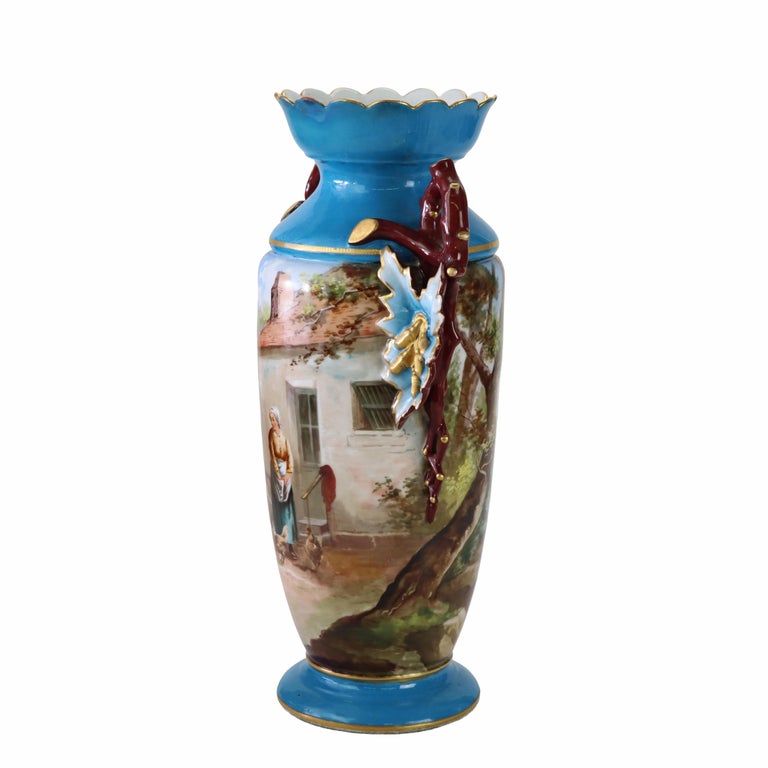 Large Antique Old Paris Porcelain Scenic Vase With Cord Access Lamp Base c1890