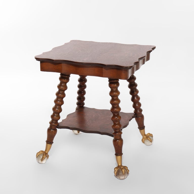 Large Antique RJ Horner School Carved Oak Lamp Table With Gilt & Crystal Feet