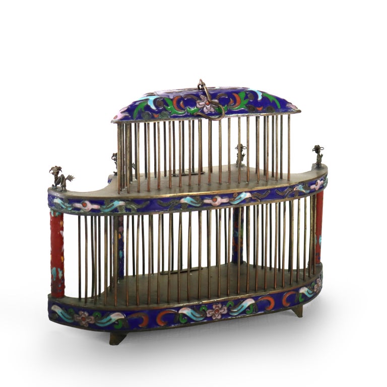 Antique Chinese Floral Cloisonne Enameled Cage With Dragon Finials c1900