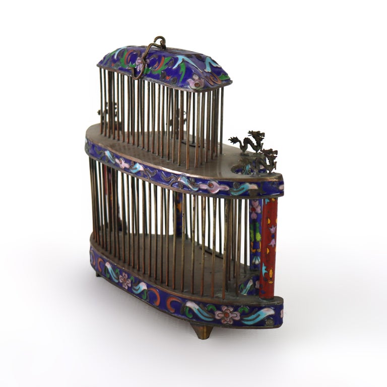 Antique Chinese Floral Cloisonne Enameled Cage With Dragon Finials c1900