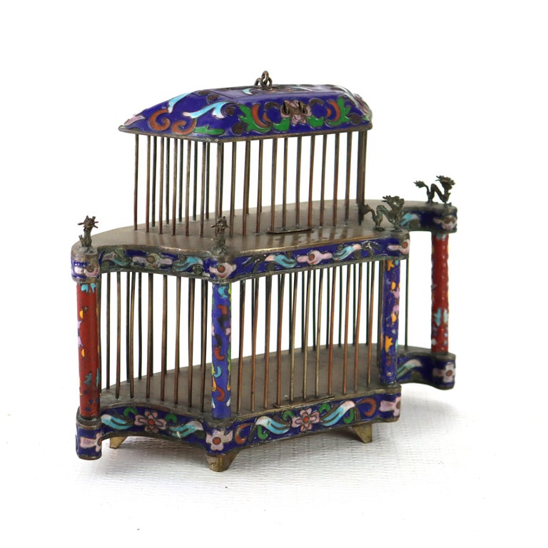 Antique Chinese Floral Cloisonne Enameled Cage With Dragon Finials c1900