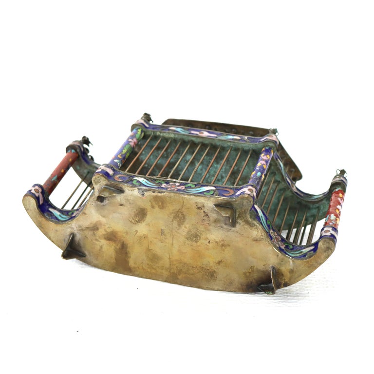 Antique Chinese Floral Cloisonne Enameled Cage With Dragon Finials c1900