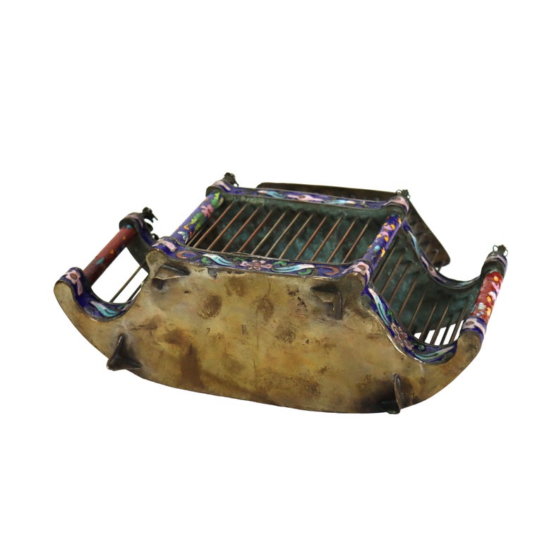 Antique Chinese Floral Cloisonne Enameled Cage With Dragon Finials c1900