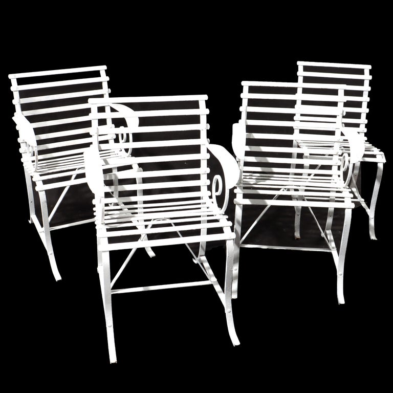 Four Antique Arts & Crafts Painted Wrought Iron Garden Patio Chairs c1920